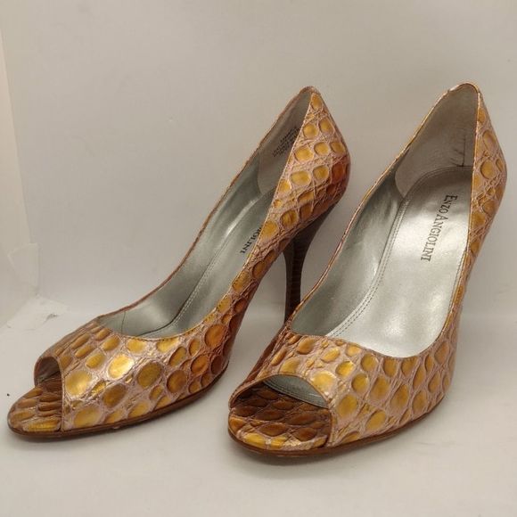 Enzo Angiolini Maylie. Gold Embossed Faux Croc Open Toe Pump. 3.5" Heel Size 7M. - Picture 1 of 7